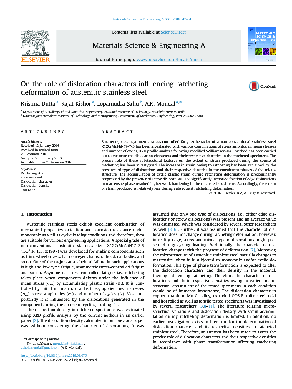 On the role of dislocation characters influencing ratcheting deformation of austenitic stainless steel