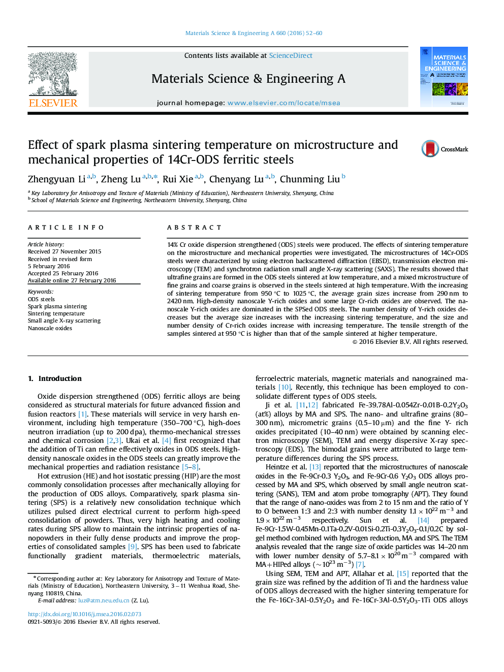 Effect of spark plasma sintering temperature on microstructure and mechanical properties of 14Cr-ODS ferritic steels