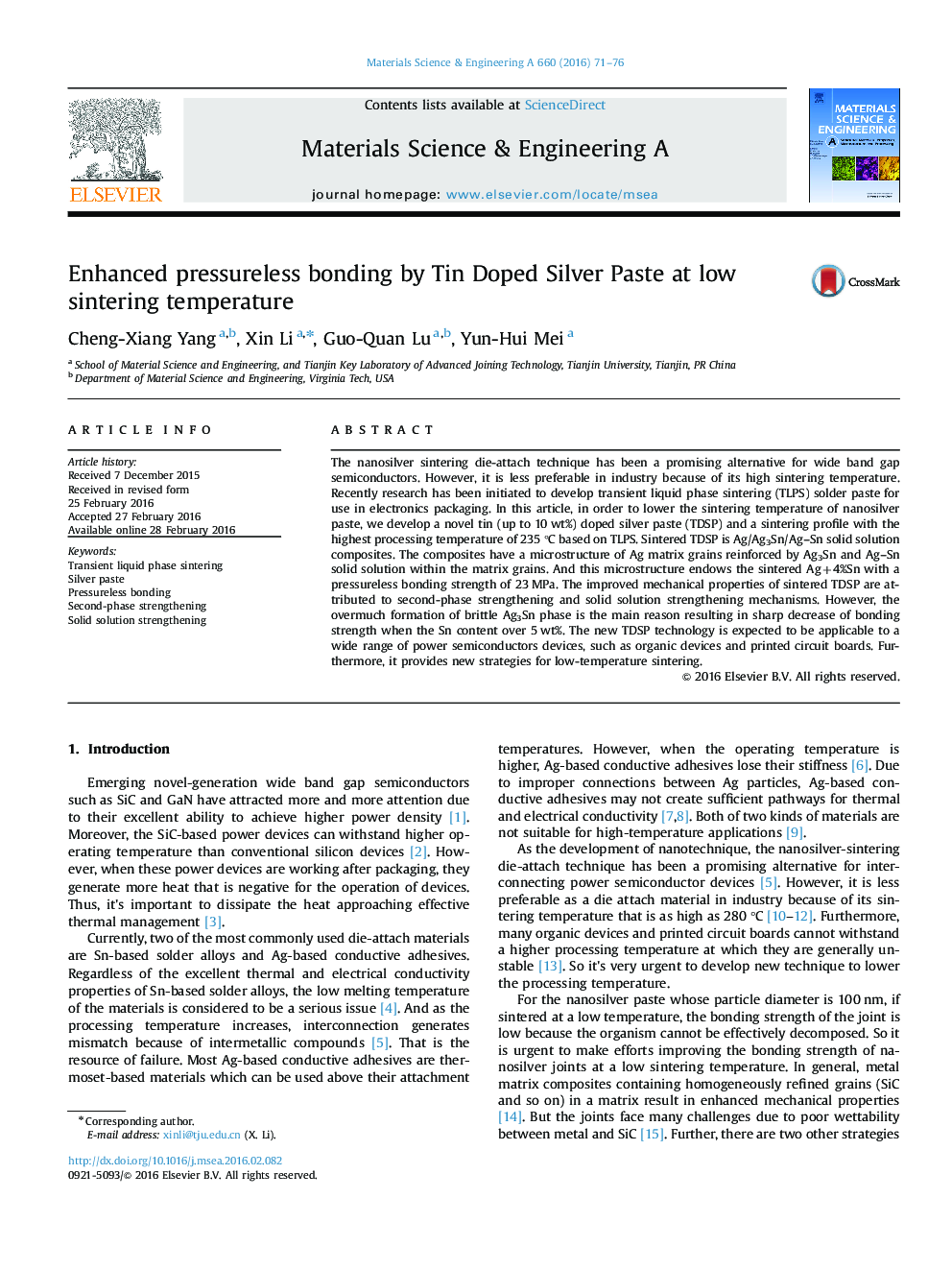 Enhanced pressureless bonding by Tin Doped Silver Paste at low sintering temperature