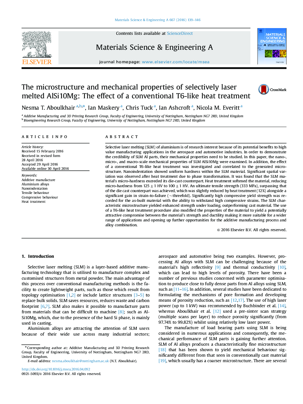 The microstructure and mechanical properties of selectively laser melted AlSi10Mg: The effect of a conventional T6-like heat treatment