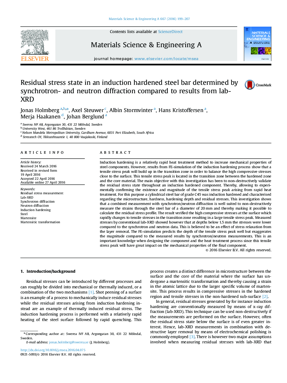 Residual stress state in an induction hardened steel bar determined by synchrotron- and neutron diffraction compared to results from lab-XRD