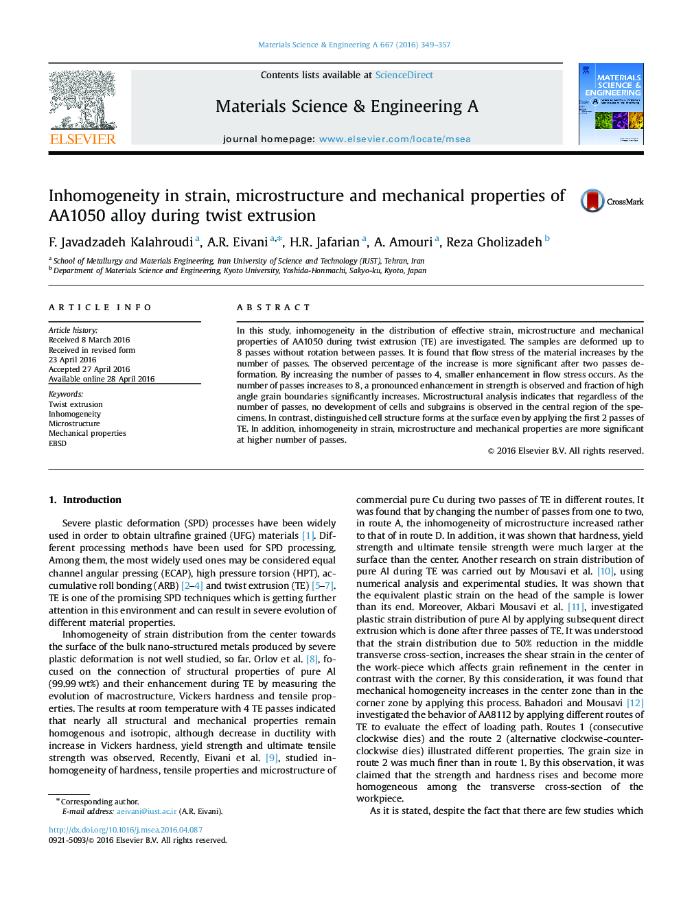 Inhomogeneity in strain, microstructure and mechanical properties of AA1050 alloy during twist extrusion