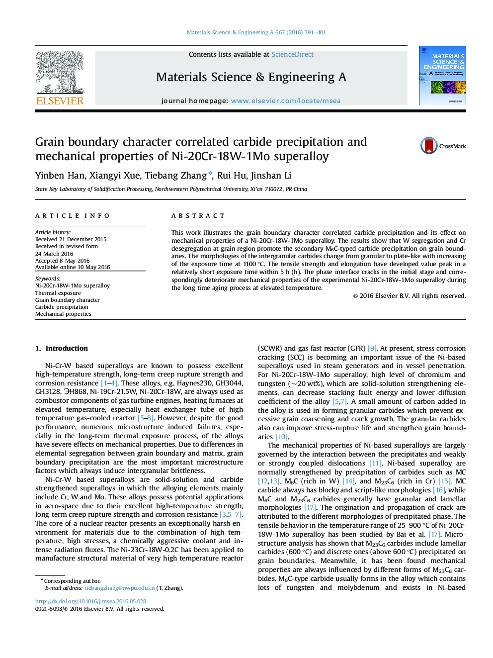 Grain boundary character correlated carbide precipitation and mechanical properties of Ni-20Cr-18W-1Mo superalloy