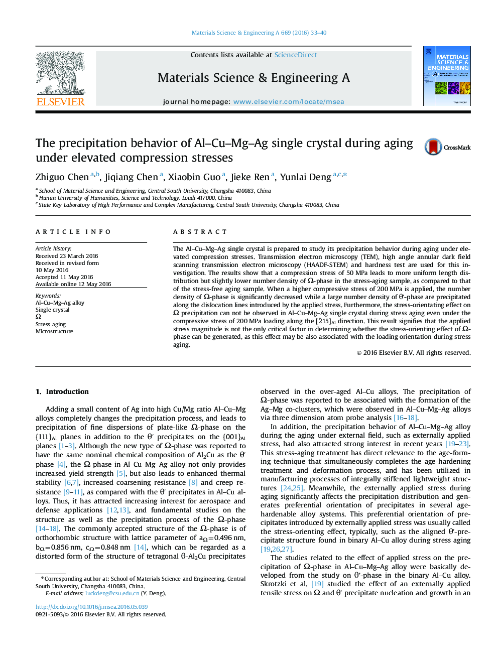 The precipitation behavior of Al–Cu–Mg–Ag single crystal during aging under elevated compression stresses