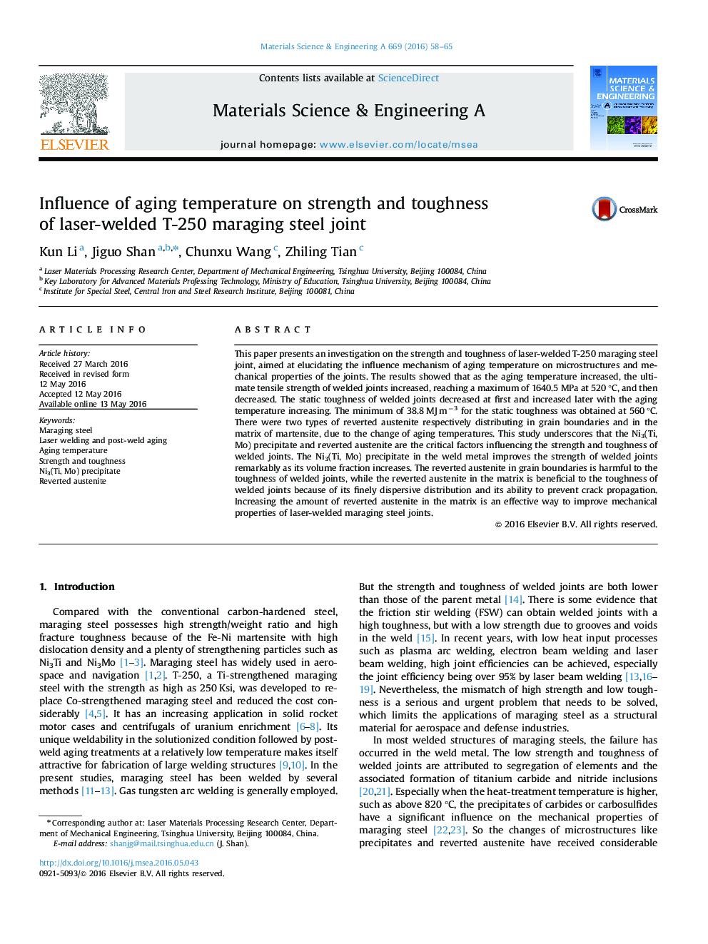 Influence of aging temperature on strength and toughness of laser-welded T-250 maraging steel joint
