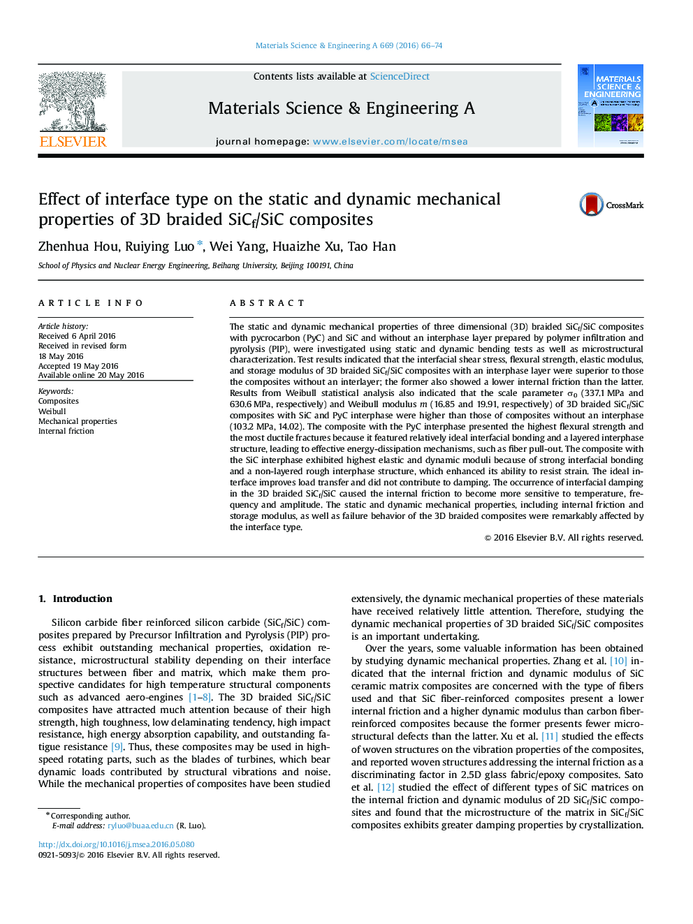 Effect of interface type on the static and dynamic mechanical properties of 3D braided SiCf/SiC composites