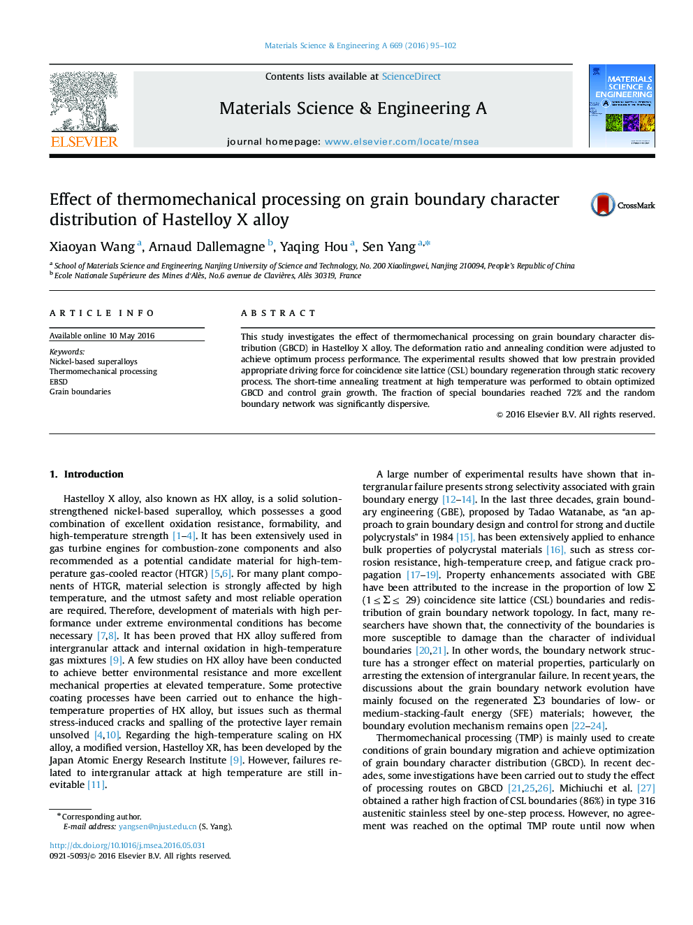 Effect of thermomechanical processing on grain boundary character distribution of Hastelloy X alloy