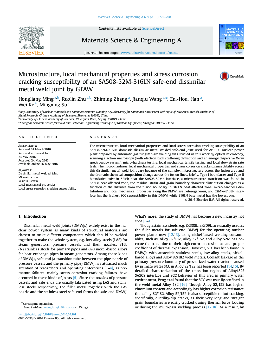 Microstructure, local mechanical properties and stress corrosion cracking susceptibility of an SA508-52M-316LN safe-end dissimilar metal weld joint by GTAW