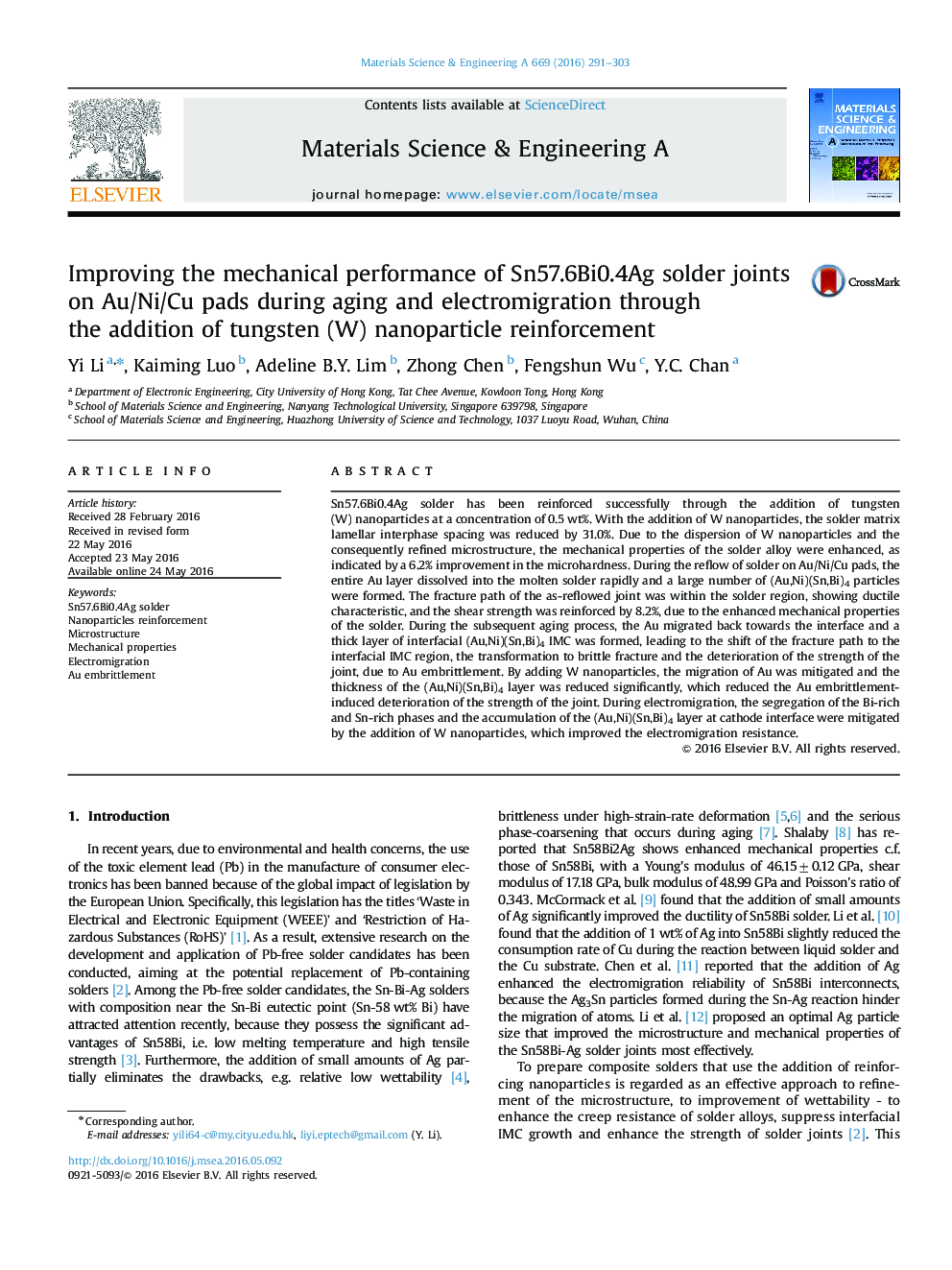 Improving the mechanical performance of Sn57.6Bi0.4Ag solder joints on Au/Ni/Cu pads during aging and electromigration through the addition of tungsten (W) nanoparticle reinforcement