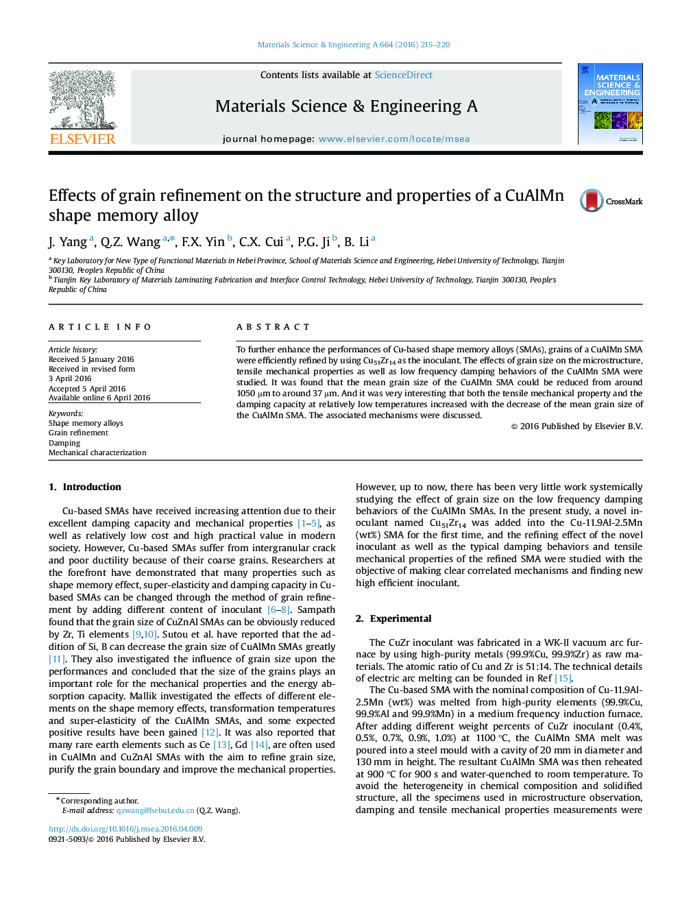 Effects of grain refinement on the structure and properties of a CuAlMn shape memory alloy