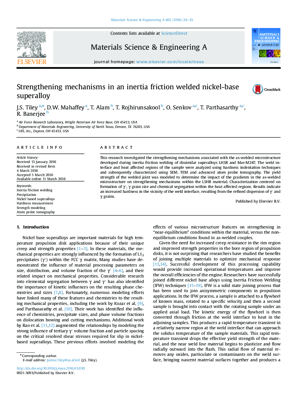 Strengthening mechanisms in an inertia friction welded nickel-base superalloy