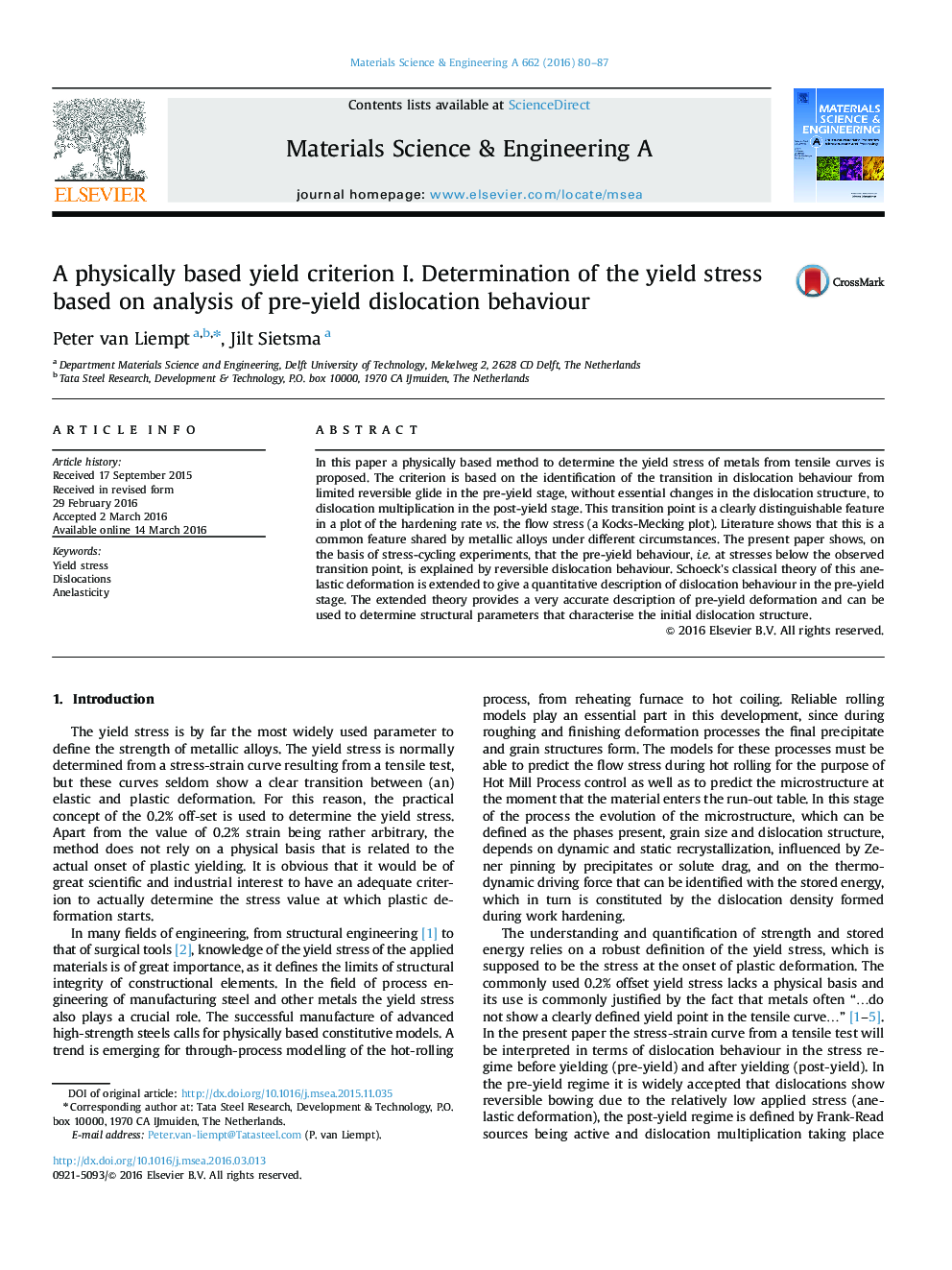 A physically based yield criterion I. Determination of the yield stress based on analysis of pre-yield dislocation behaviour