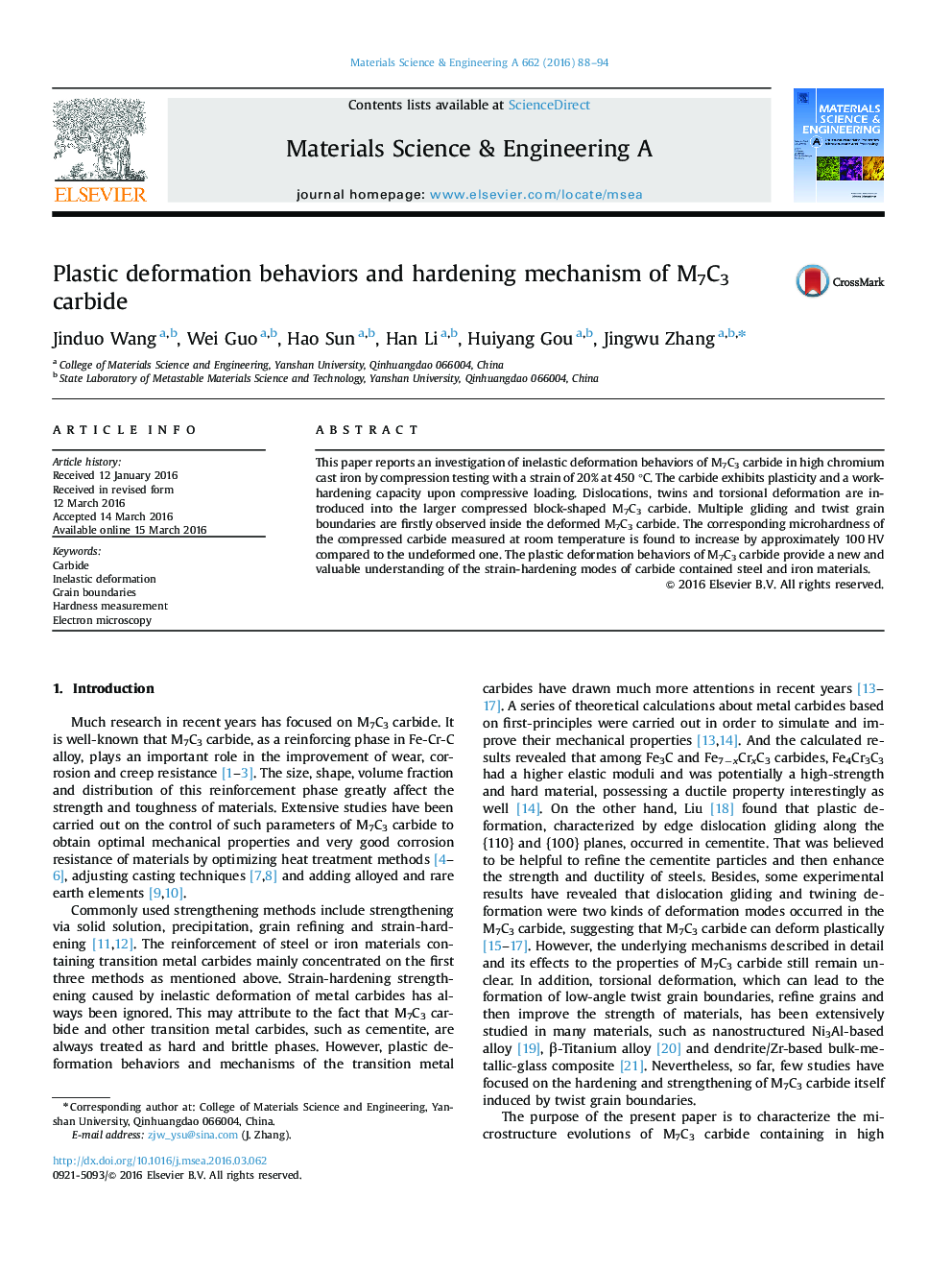 Plastic deformation behaviors and hardening mechanism of M7C3 carbide