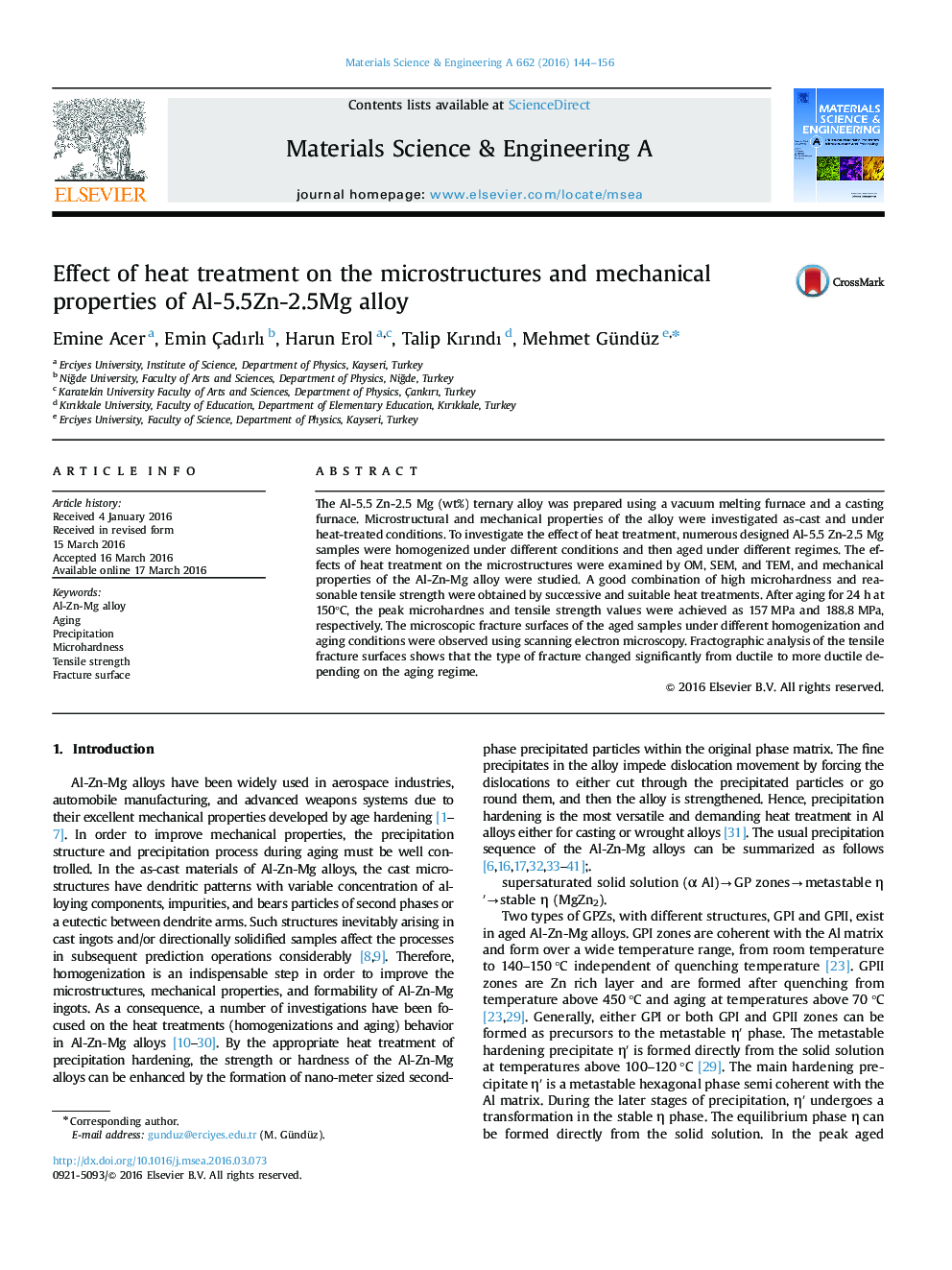 Effect of heat treatment on the microstructures and mechanical properties of Al-5.5Zn-2.5Mg alloy