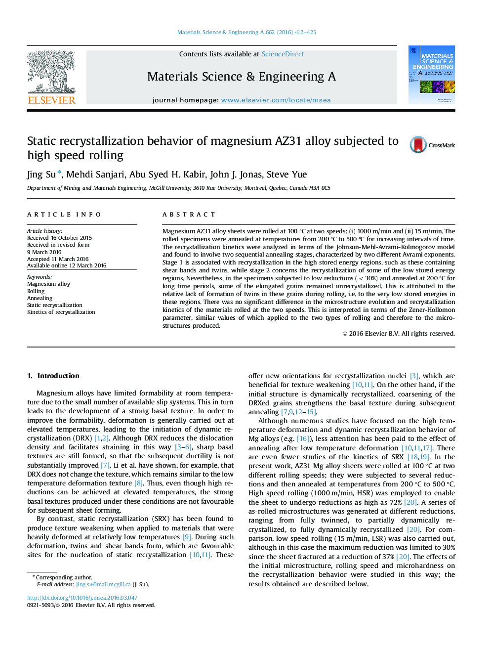 Static recrystallization behavior of magnesium AZ31 alloy subjected to high speed rolling