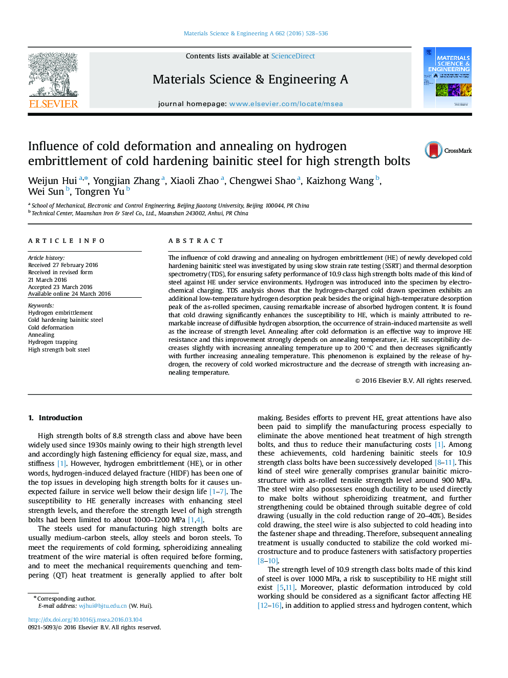 Influence of cold deformation and annealing on hydrogen embrittlement of cold hardening bainitic steel for high strength bolts