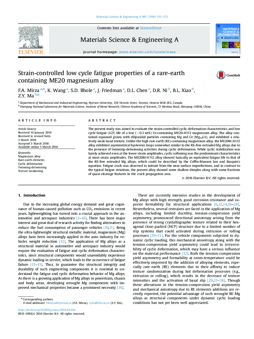 Strain-controlled low cycle fatigue properties of a rare-earth containing ME20 magnesium alloy