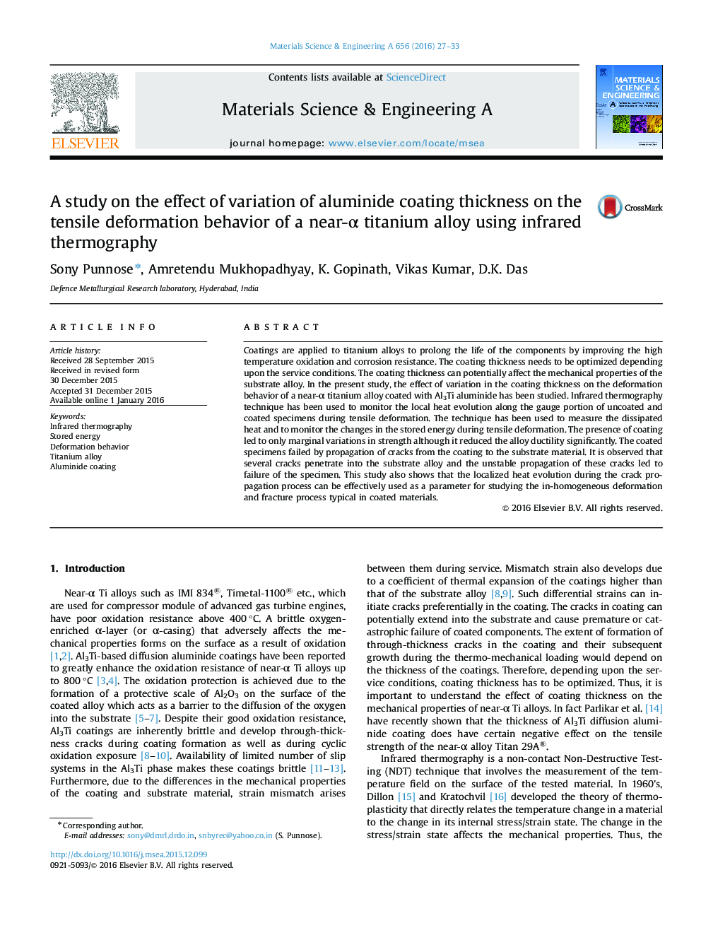 A study on the effect of variation of aluminide coating thickness on the tensile deformation behavior of a near-Î± titanium alloy using infrared thermography