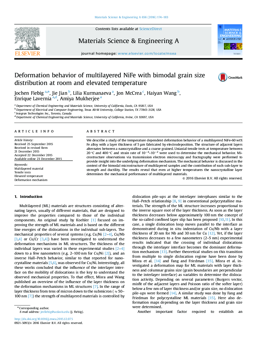 Deformation behavior of multilayered NiFe with bimodal grain size distribution at room and elevated temperature