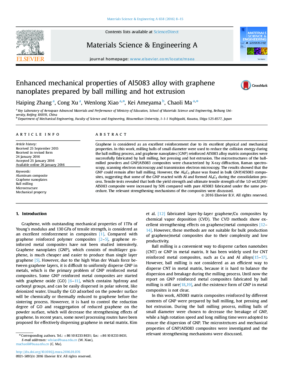 Enhanced mechanical properties of Al5083 alloy with graphene nanoplates prepared by ball milling and hot extrusion