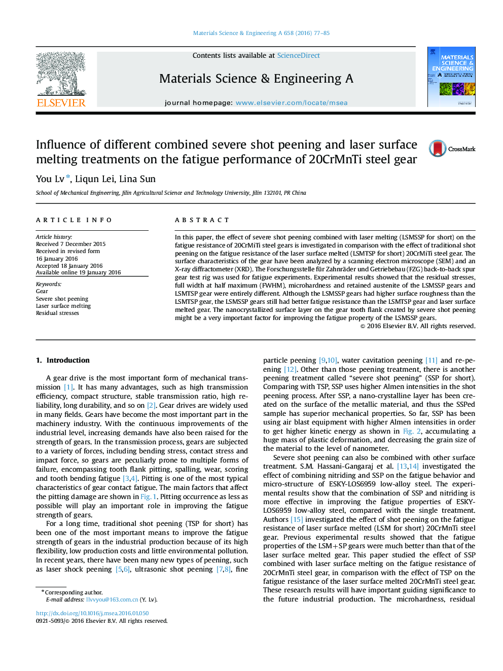 Influence of different combined severe shot peening and laser surface melting treatments on the fatigue performance of 20CrMnTi steel gear