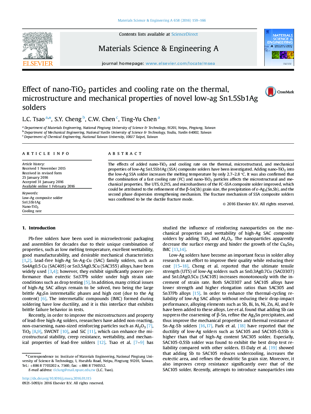 Effect of nano-TiO2 particles and cooling rate on the thermal, microstructure and mechanical properties of novel low-ag Sn1.5Sb1Ag solders