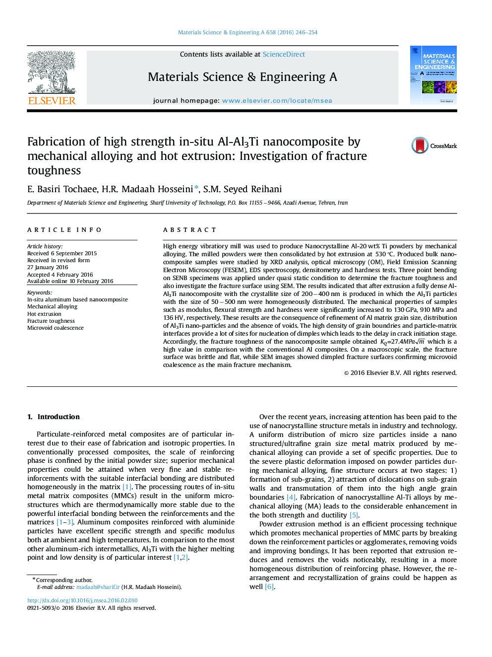 Fabrication of high strength in-situ Al-Al3Ti nanocomposite by mechanical alloying and hot extrusion: Investigation of fracture toughness