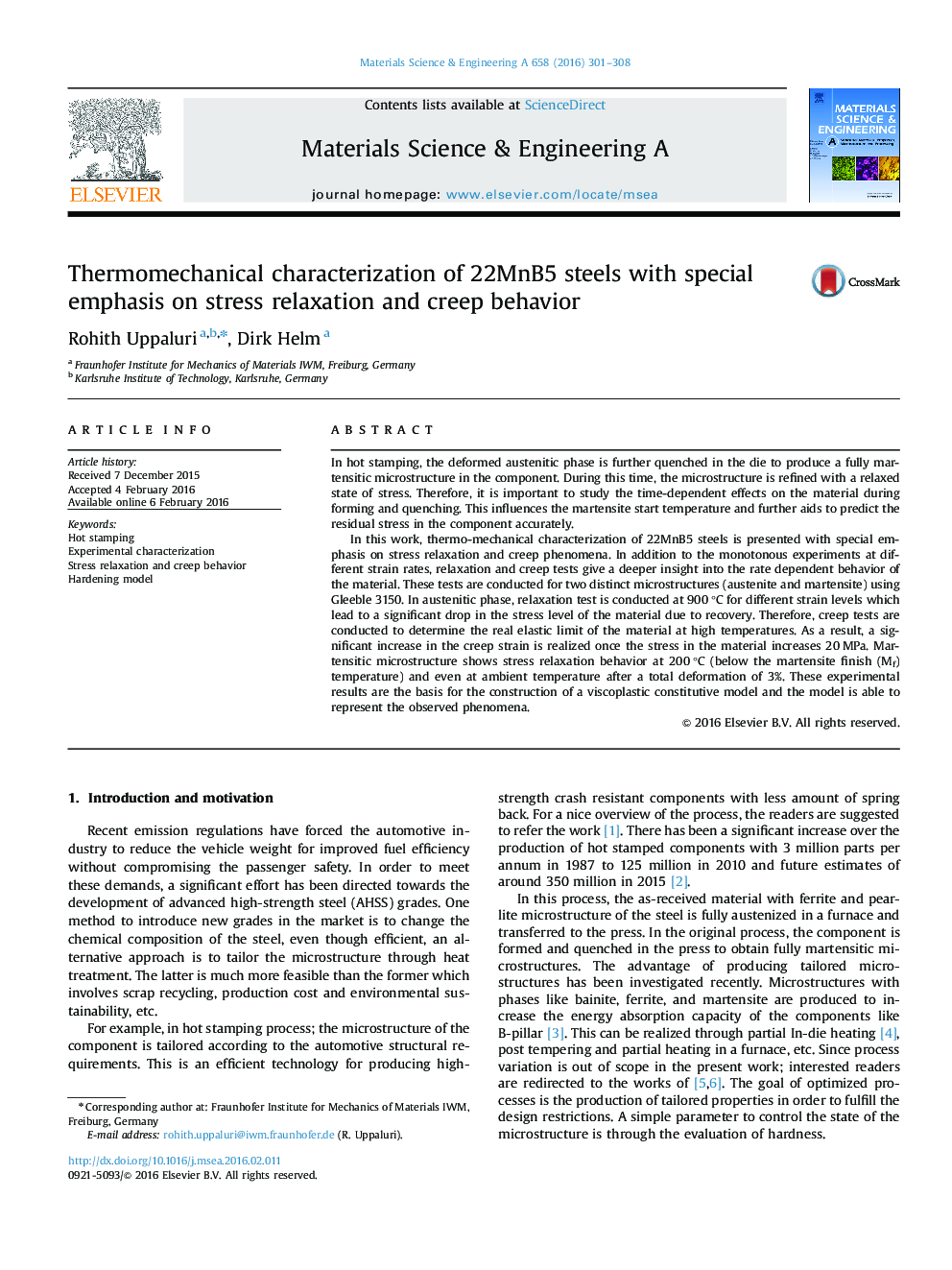 Thermomechanical characterization of 22MnB5 steels with special emphasis on stress relaxation and creep behavior