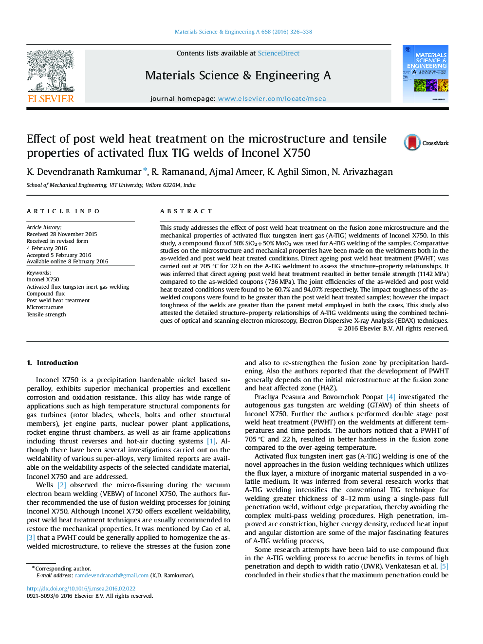 Effect of post weld heat treatment on the microstructure and tensile properties of activated flux TIG welds of Inconel X750