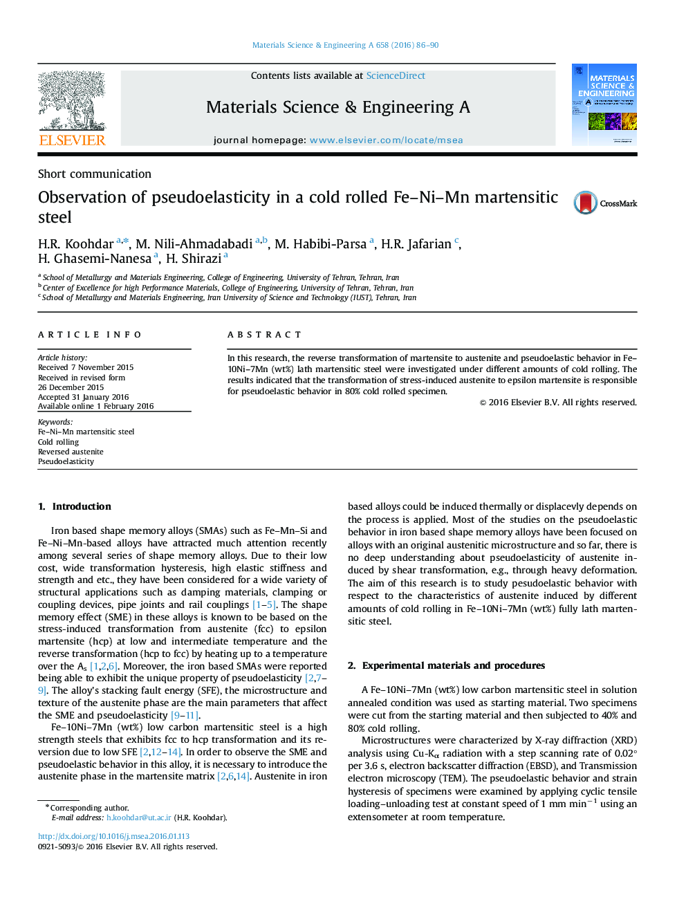 Observation of pseudoelasticity in a cold rolled Fe-Ni-Mn martensitic steel