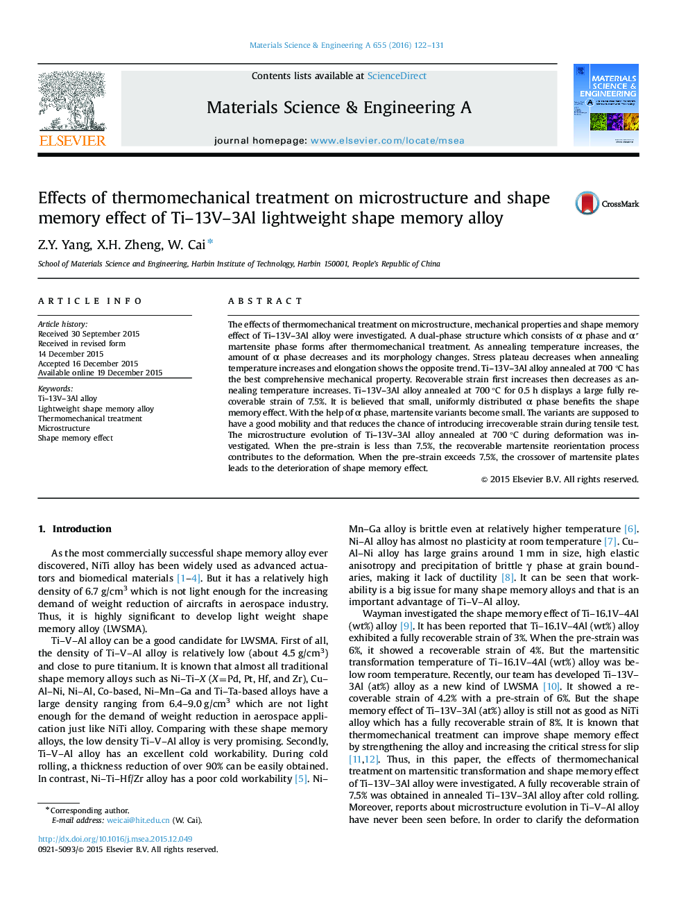 Effects of thermomechanical treatment on microstructure and shape memory effect of Ti-13V-3Al lightweight shape memory alloy