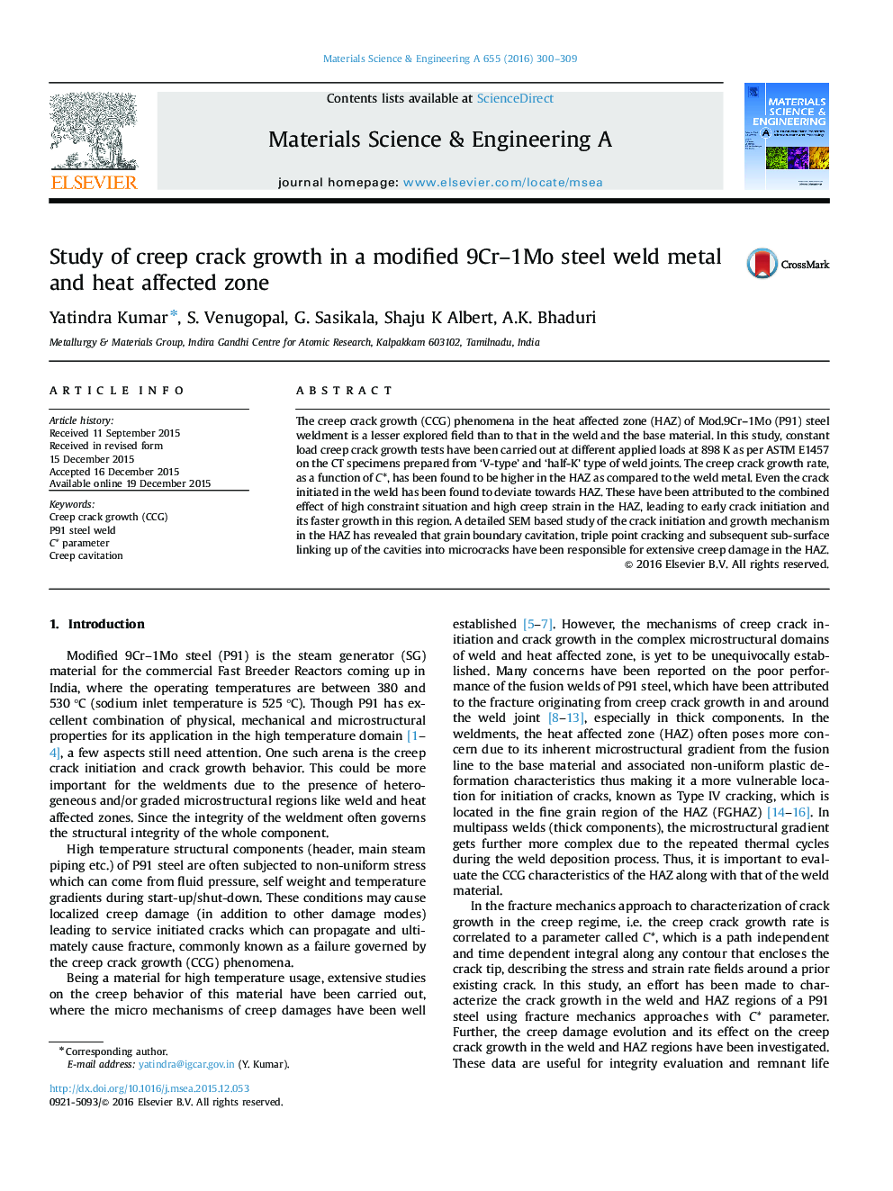 Study of creep crack growth in a modified 9Cr-1Mo steel weld metal and heat affected zone