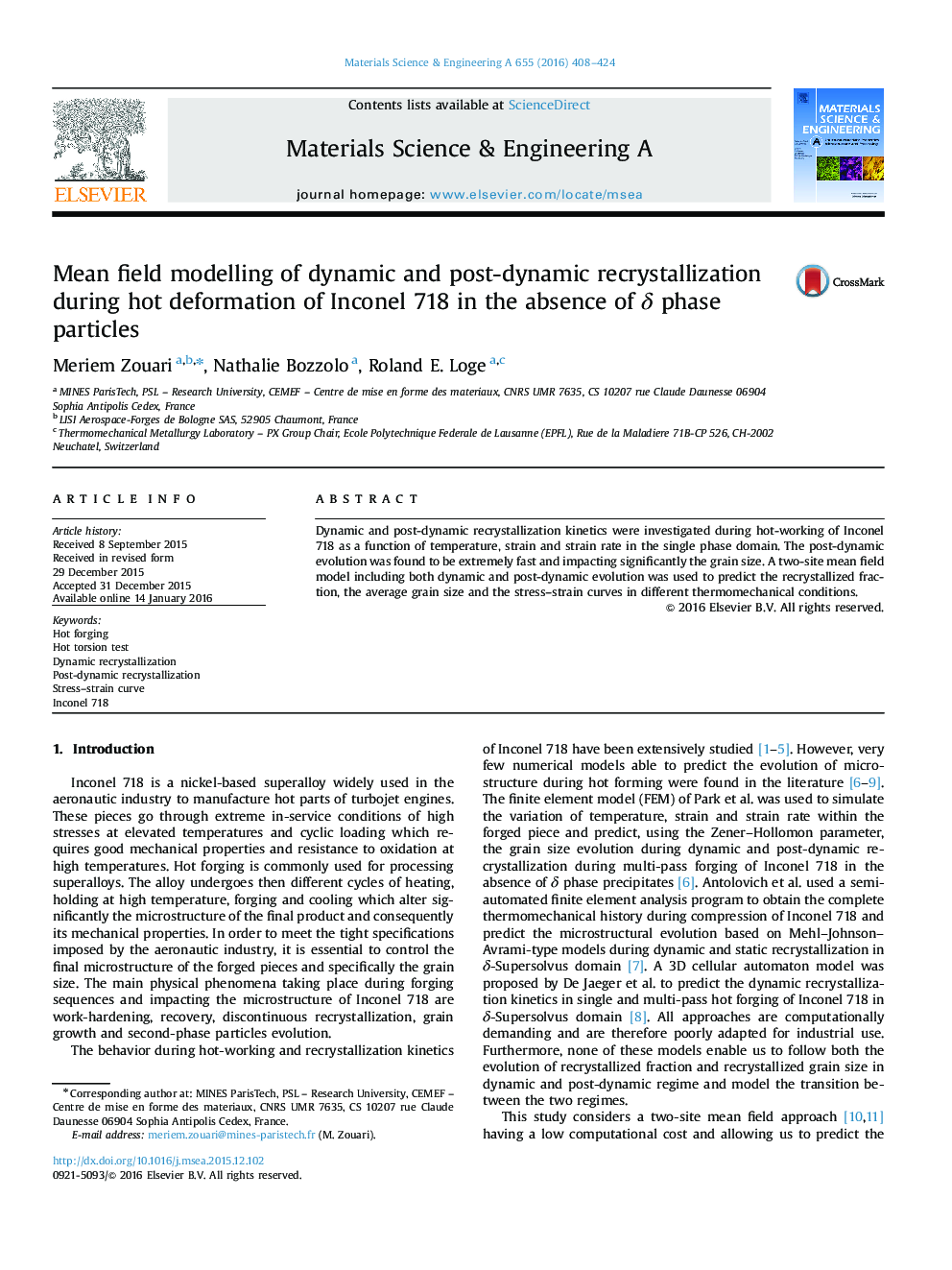 Mean field modelling of dynamic and post-dynamic recrystallization during hot deformation of Inconel 718 in the absence of Î´ phase particles