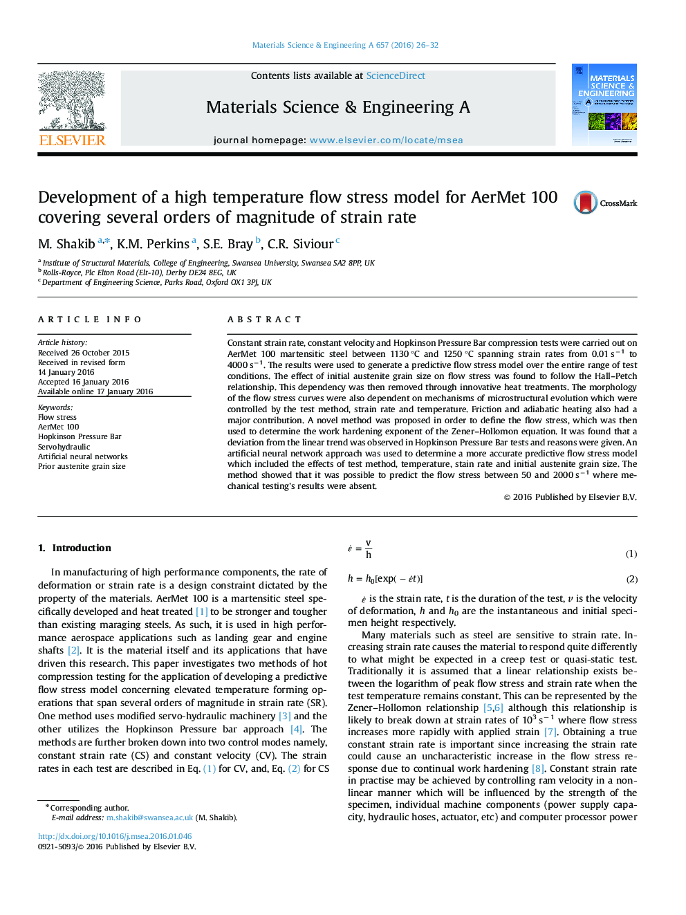 Development of a high temperature flow stress model for AerMet 100 covering several orders of magnitude of strain rate
