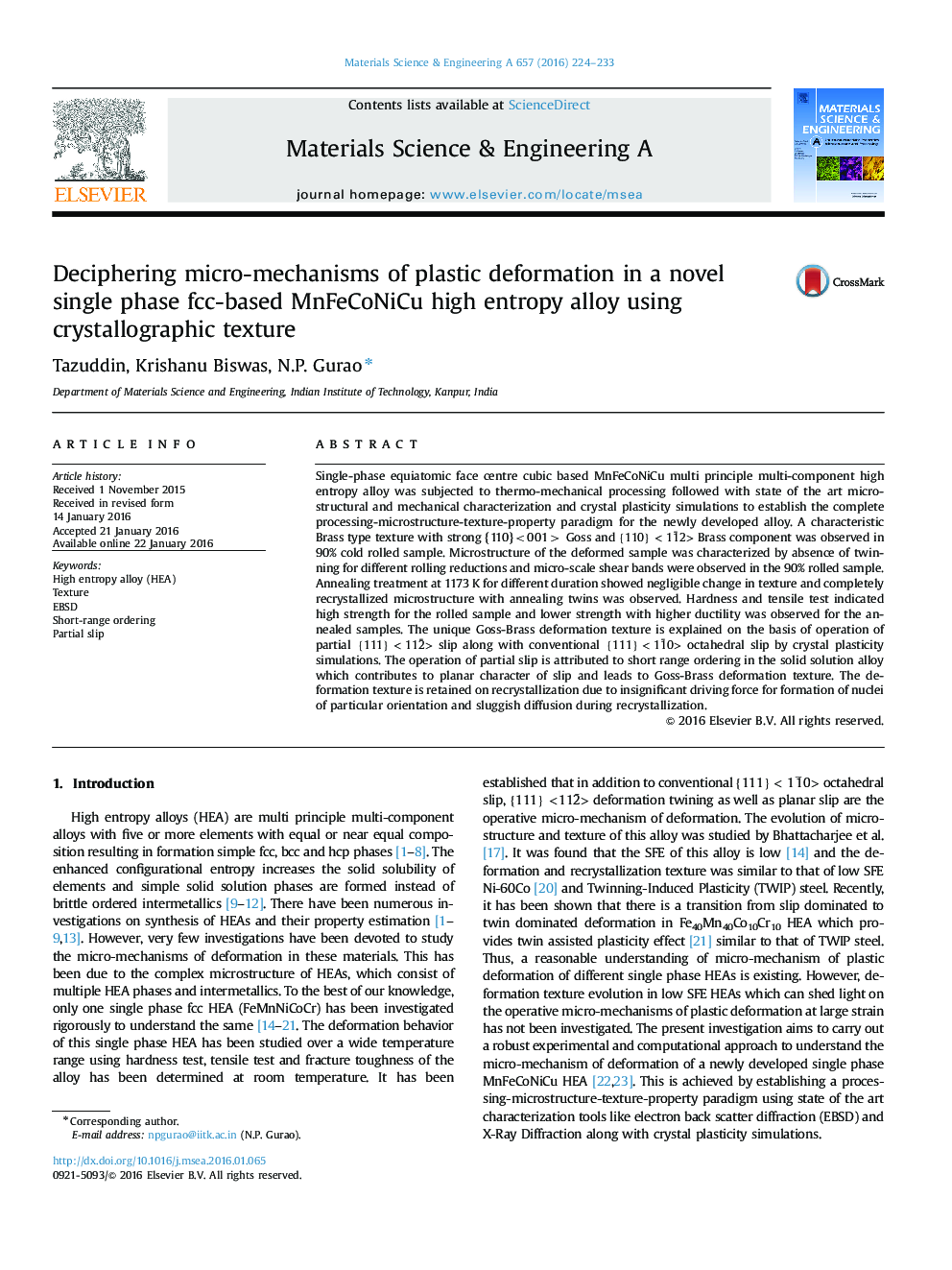 Deciphering micro-mechanisms of plastic deformation in a novel single phase fcc-based MnFeCoNiCu high entropy alloy using crystallographic texture