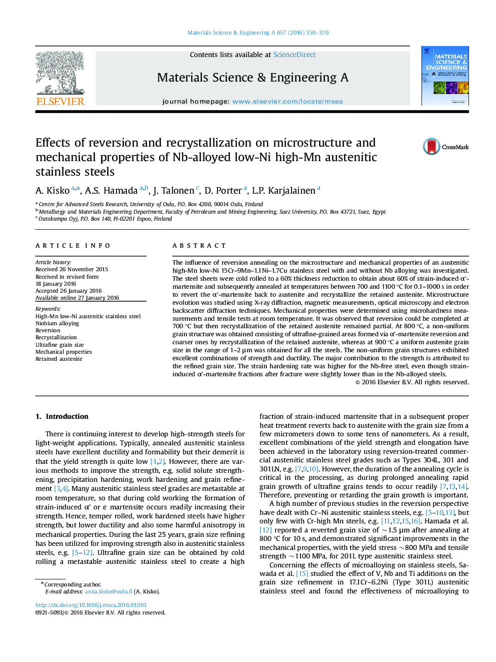 Effects of reversion and recrystallization on microstructure and mechanical properties of Nb-alloyed low-Ni high-Mn austenitic stainless steels