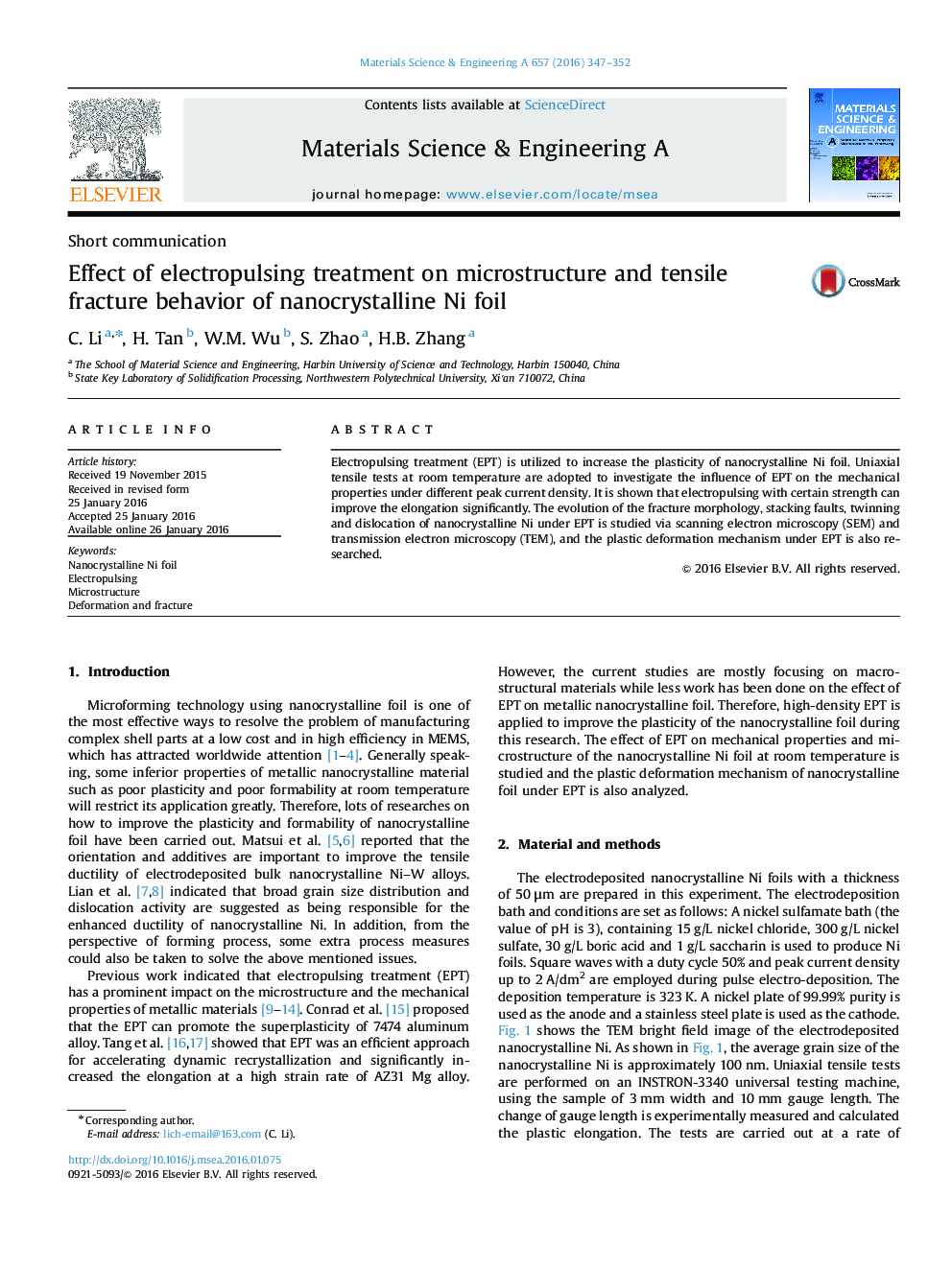 Effect of electropulsing treatment on microstructure and tensile fracture behavior of nanocrystalline Ni foil