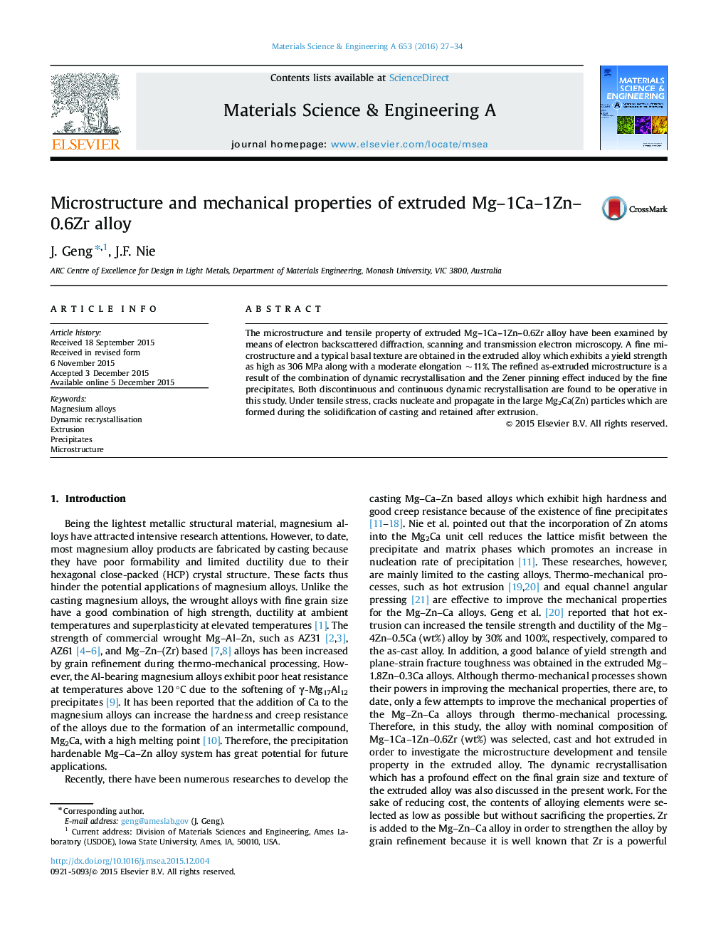 Microstructure and mechanical properties of extruded Mg–1Ca–1Zn–0.6Zr alloy