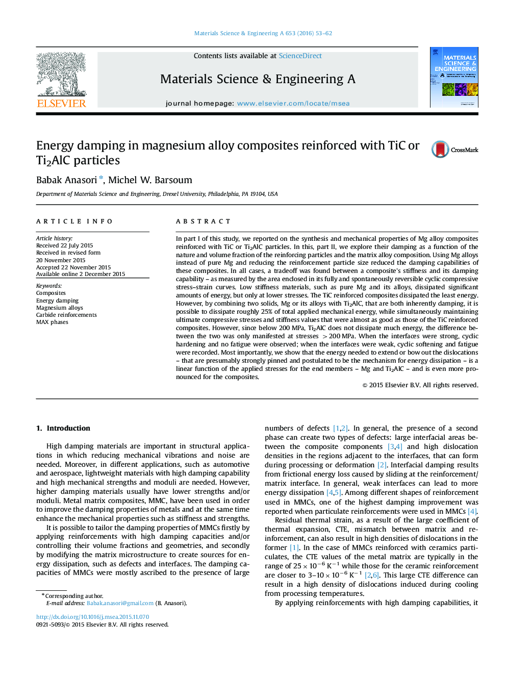 Energy damping in magnesium alloy composites reinforced with TiC or Ti2AlC particles