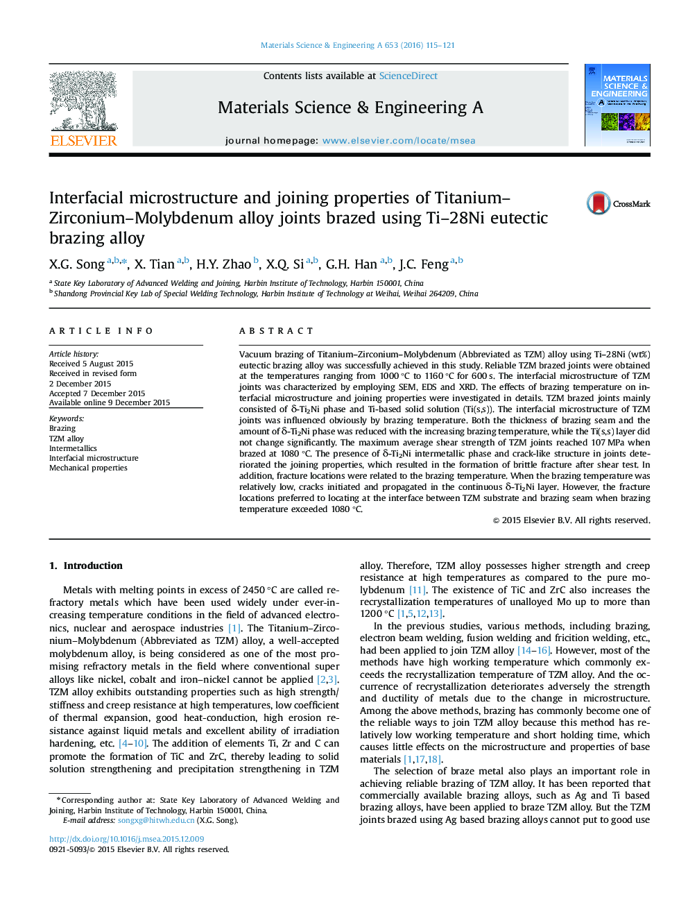 Interfacial microstructure and joining properties of Titanium-Zirconium-Molybdenum alloy joints brazed using Ti-28Ni eutectic brazing alloy