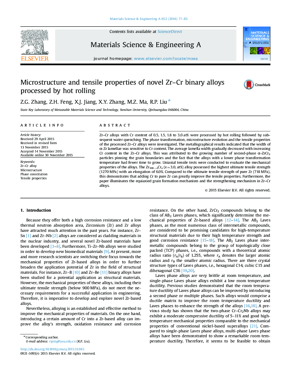 Microstructure and tensile properties of novel Zr-Cr binary alloys processed by hot rolling