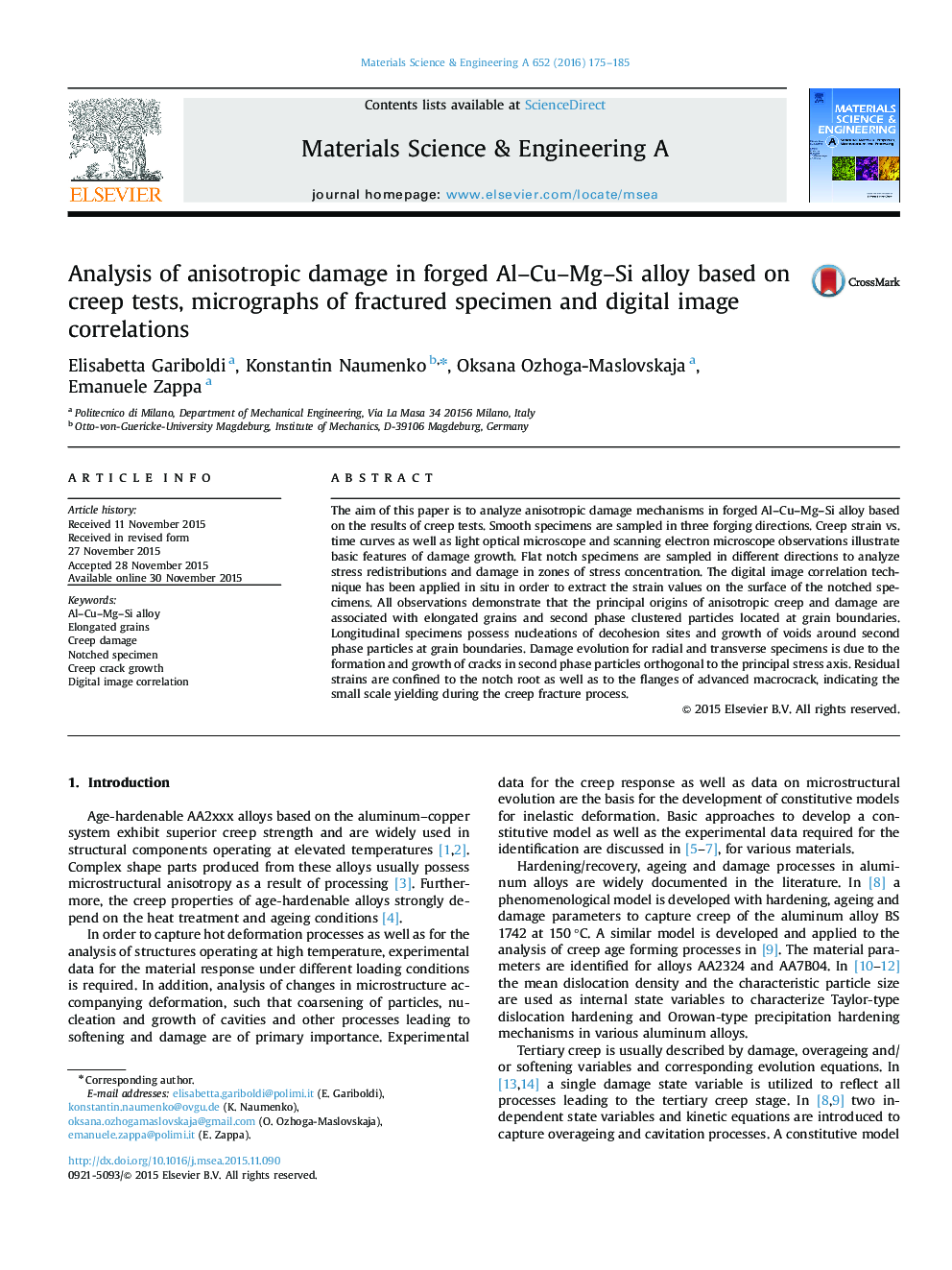 Analysis of anisotropic damage in forged Al-Cu-Mg-Si alloy based on creep tests, micrographs of fractured specimen and digital image correlations