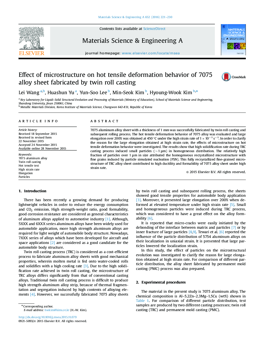 Effect of microstructure on hot tensile deformation behavior of 7075 alloy sheet fabricated by twin roll casting