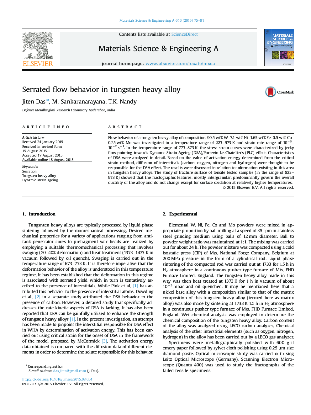 Serrated flow behavior in tungsten heavy alloy