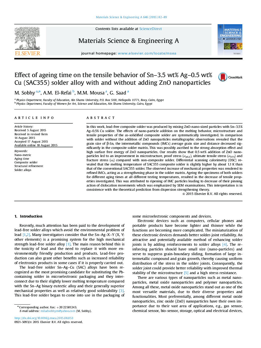 Effect of ageing time on the tensile behavior of Sn-3.5Â wt% Ag-0.5Â wt% Cu (SAC355) solder alloy with and without adding ZnO nanoparticles