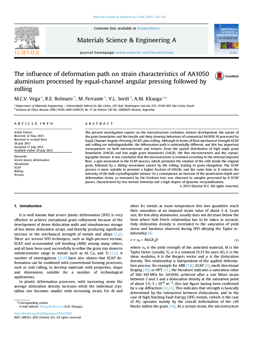 The influence of deformation path on strain characteristics of AA1050 aluminium processed by equal-channel angular pressing followed by rolling