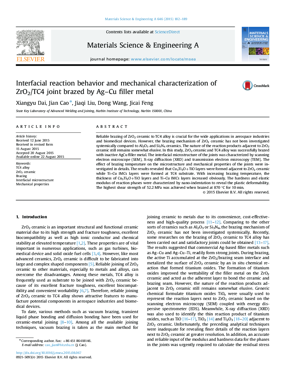 Interfacial reaction behavior and mechanical characterization of ZrO2/TC4 joint brazed by Ag-Cu filler metal