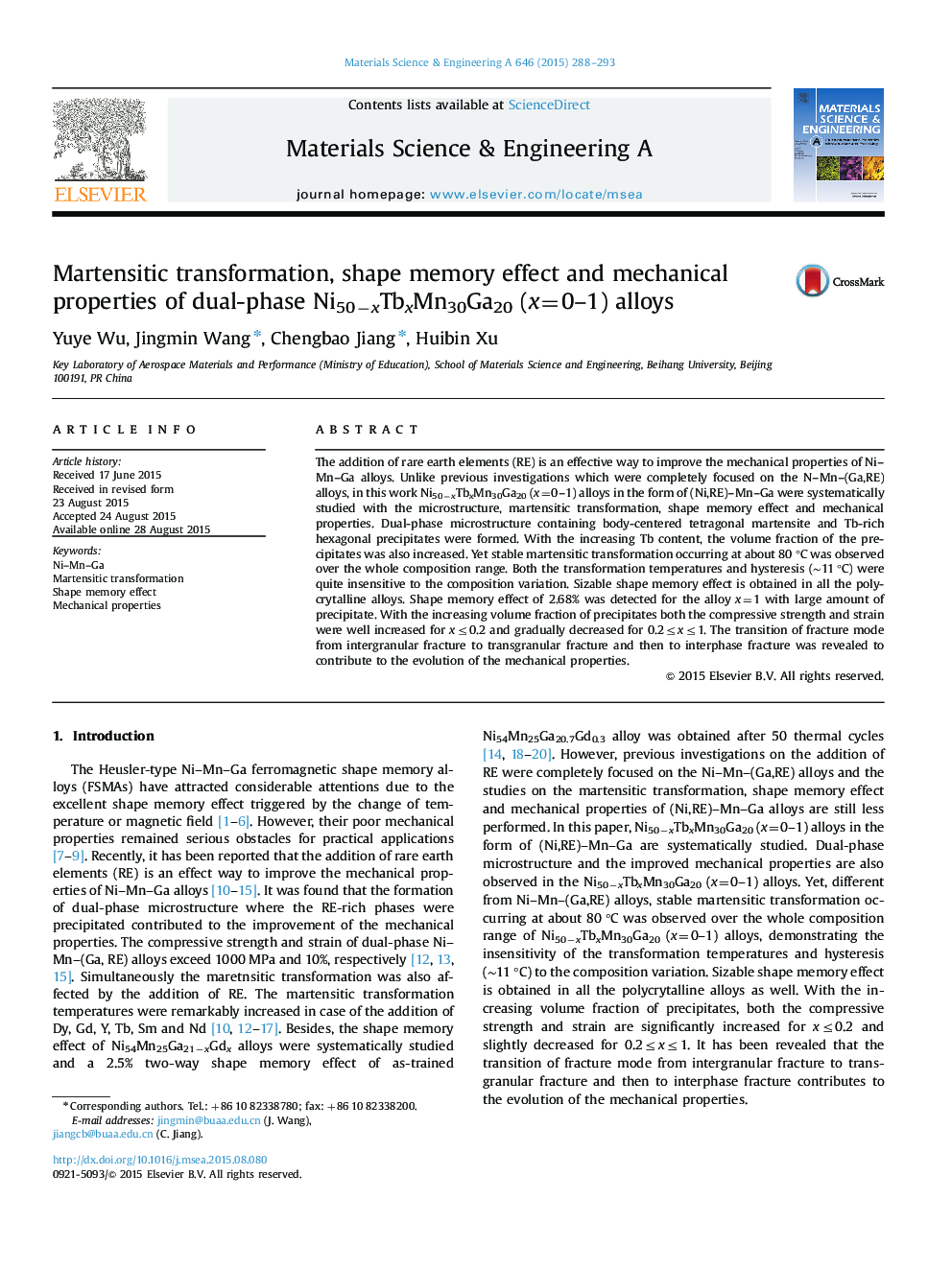 Martensitic transformation, shape memory effect and mechanical properties of dual-phase Ni50âxTbxMn30Ga20 (x=0-1) alloys