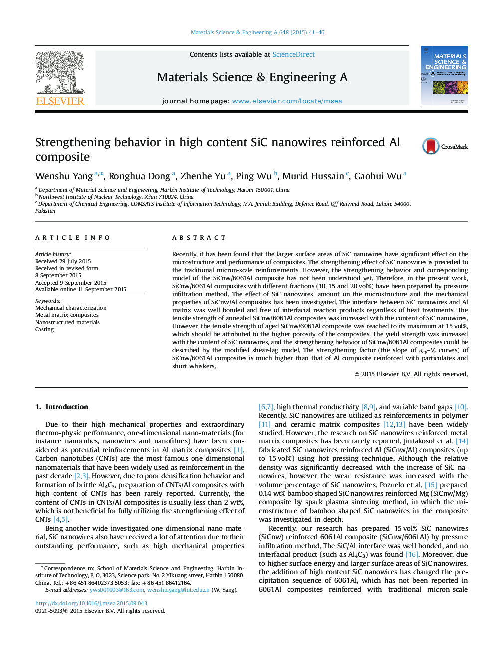 Strengthening behavior in high content SiC nanowires reinforced Al composite