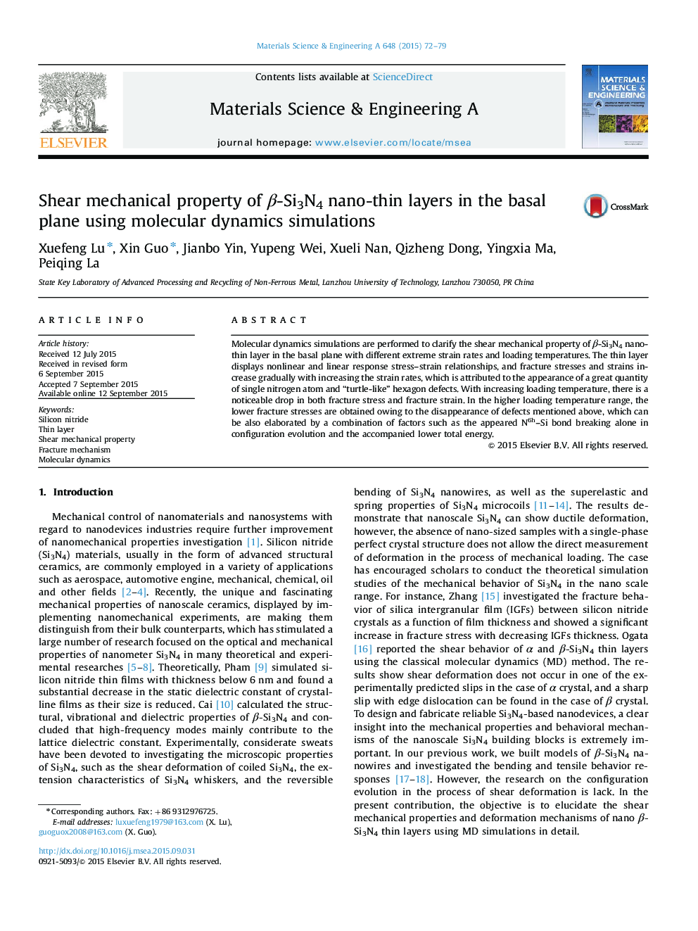 Shear mechanical property of Î²-Si3N4 nano-thin layers in the basal plane using molecular dynamics simulations